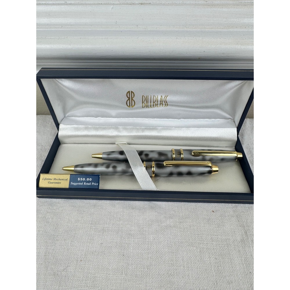 Bill Blass Continental Gray Marble Pen and Pencil Set 221-6 Gold Trim Box Plus